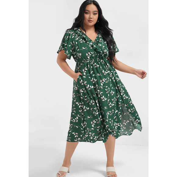 Bloomchic Dresses & Skirts - Bloomchic Floral Ruffles Trim Pocket Split Wrap Midi Dress Size 14/16 NWT